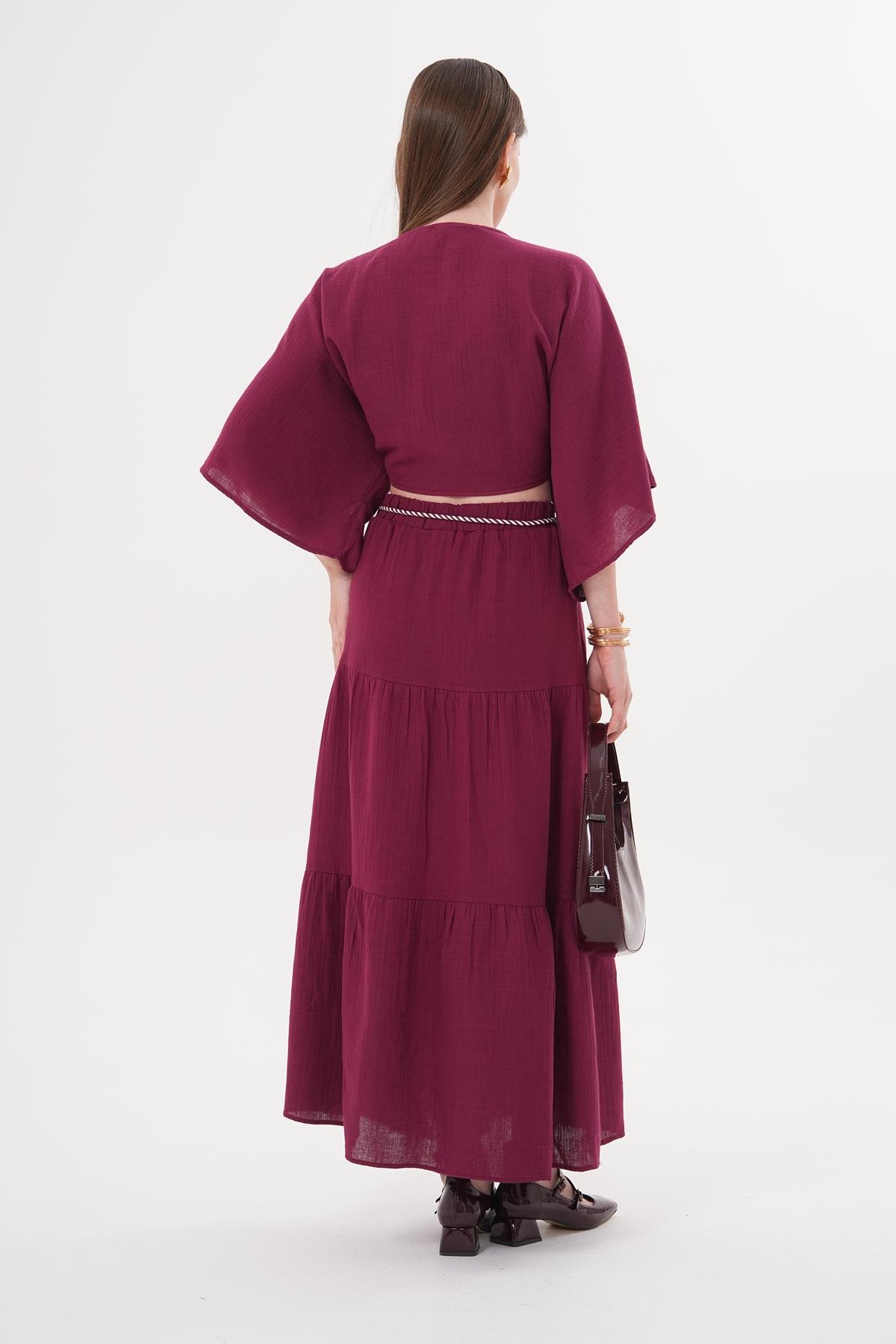 Elastic Waist And Cord Detailed Long Skirt Burgundy – Brand: Levure – Women & Kids, Baby Clothes Wholesale – TheBS Women