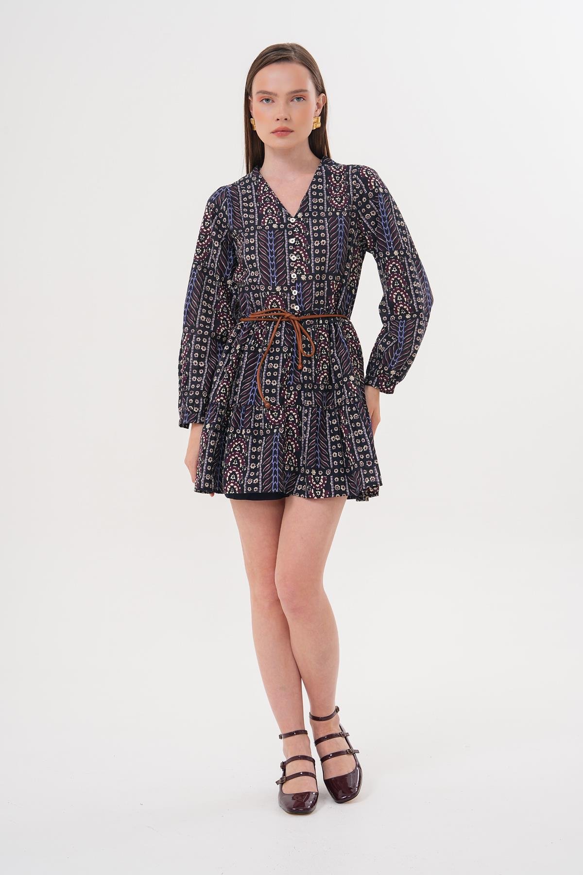 Patterned Short Dress With Leather Belt - Brand: Levure - Women & Kids, Baby Clothes Wholesale - TheBS Women
