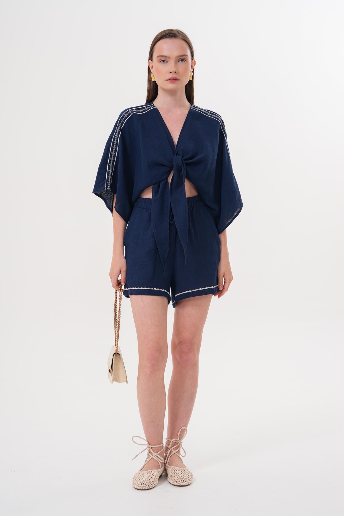 Shoulder Embroidery Detailed Tie Waist Shirt Navy - Brand: Levure - Women & Kids, Baby Clothes Wholesale - TheBS Women