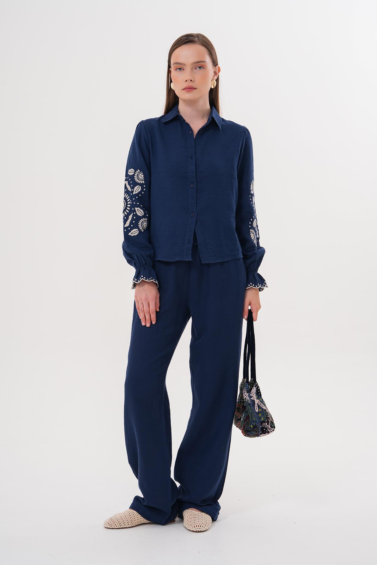 Sleeve Embroidery Detailed Front Buttoned Shirt Navy - Brand: Levure - Women & Kids, Baby Clothes Wholesale - TheBS Women