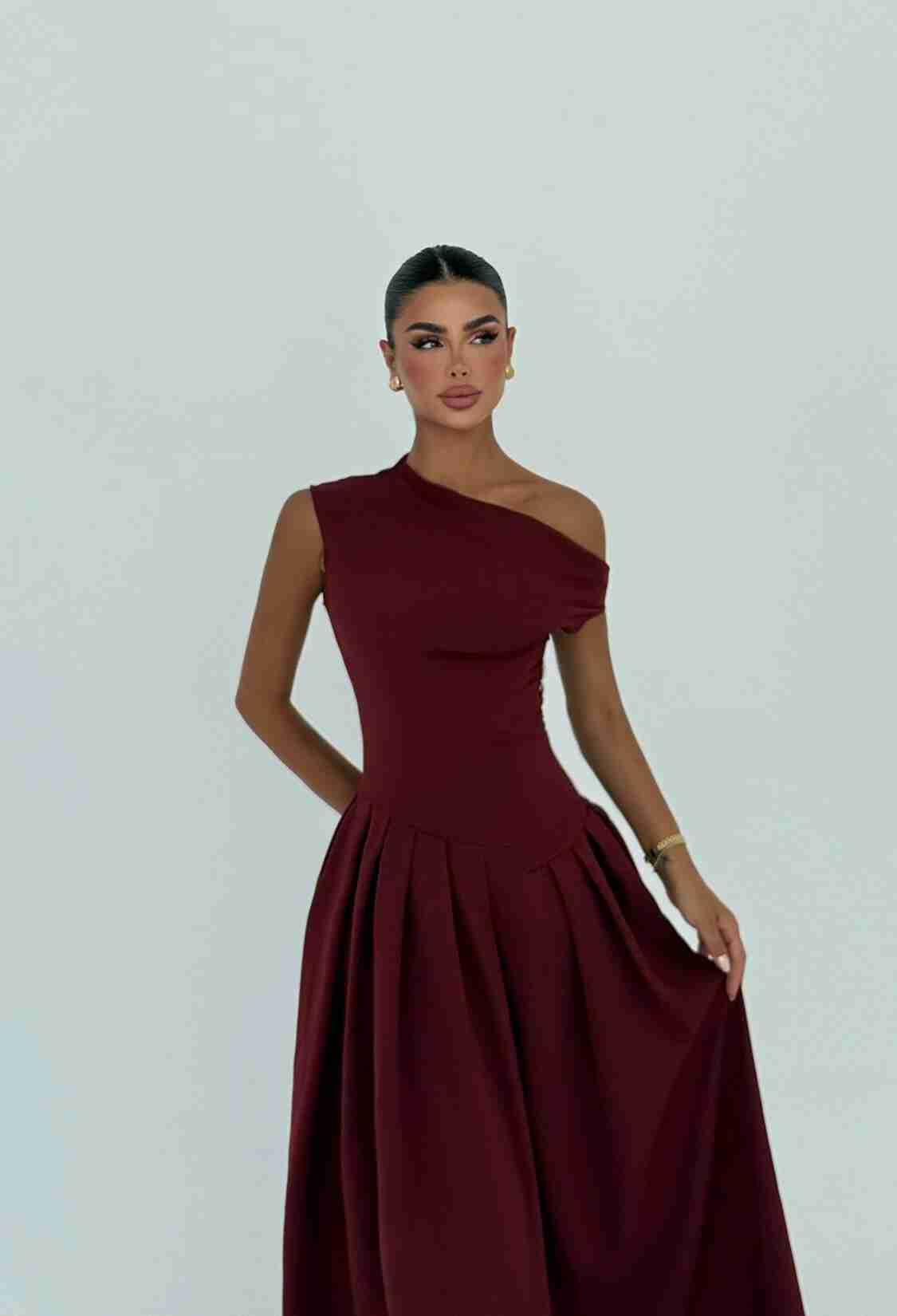 Claret Red Elegant A-Line Dress With One Shoulder Neck - Brand: EYYO ATELIER - Women & Kids, Baby Clothes Wholesale - TheBS Women