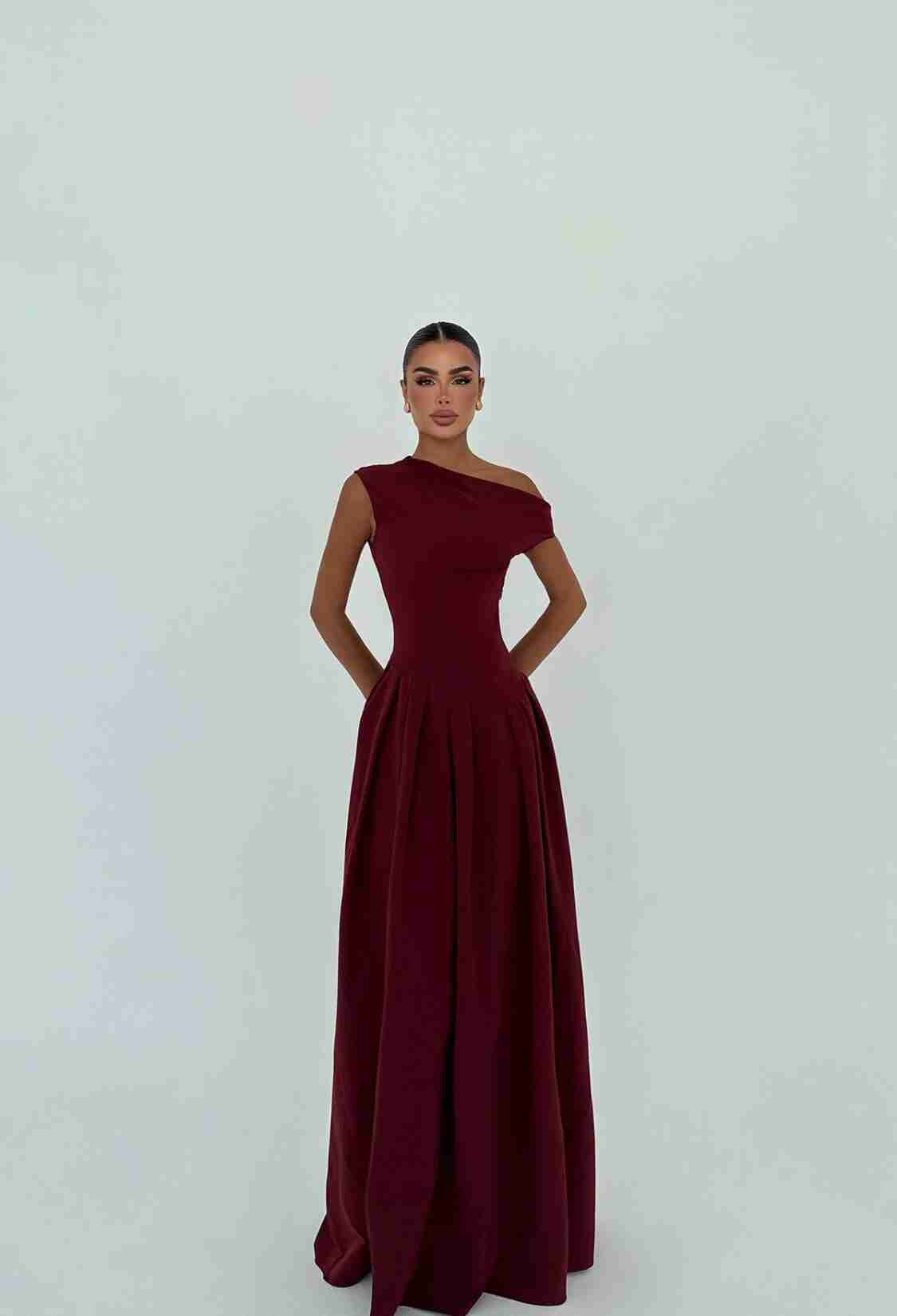 Claret Red Elegant A-Line Dress With One Shoulder Neck - Brand: EYYO ATELIER - Women & Kids, Baby Clothes Wholesale - TheBS Women