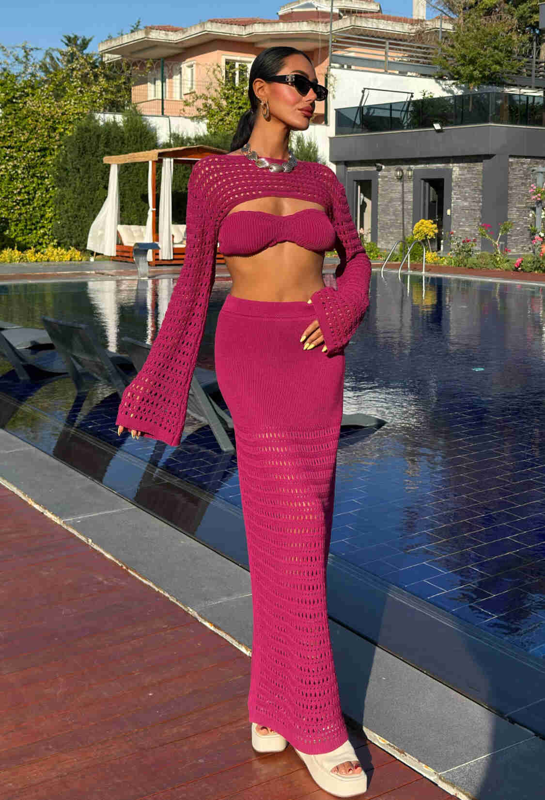 Openwork Triple Set With Bustier And Bolero - Plum - Brand: Sobe Istanbul - Women & Kids, Baby Clothes Wholesale - TheBS Women