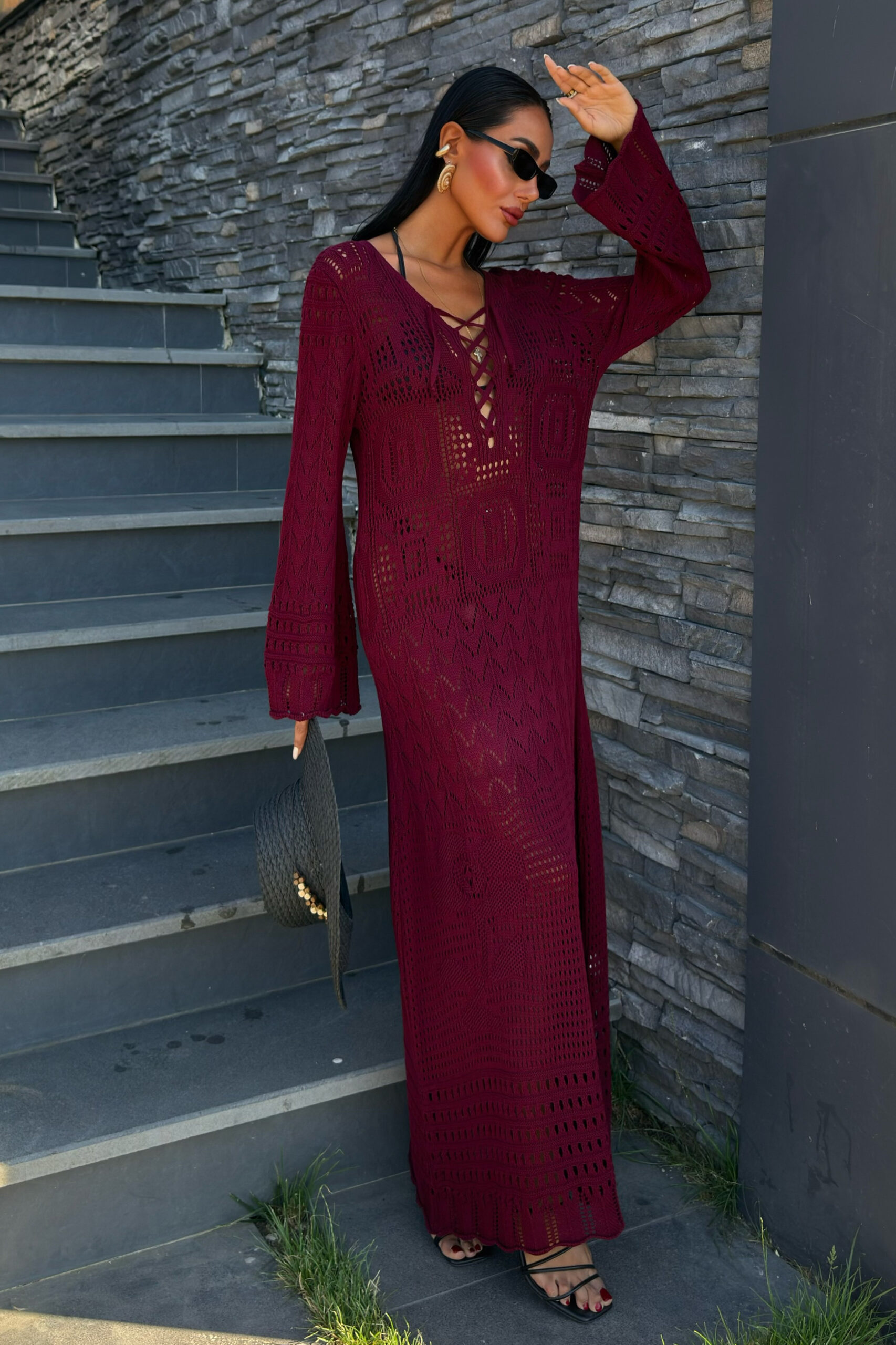 Brit Detailed Openwork Dress - Burgundy - Brand: Sobe Istanbul - Women & Kids, Baby Clothes Wholesale - TheBS Women