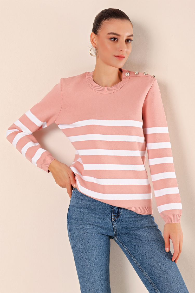 Button Detail Striped Sweater - Powder - Brand: Bigdart - Women & Kids, Baby Clothes Wholesale - TheBS Women