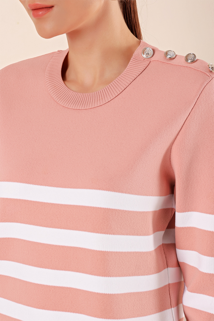 Button Detail Striped Sweater - Powder - Brand: Bigdart - Women & Kids, Baby Clothes Wholesale - TheBS Women