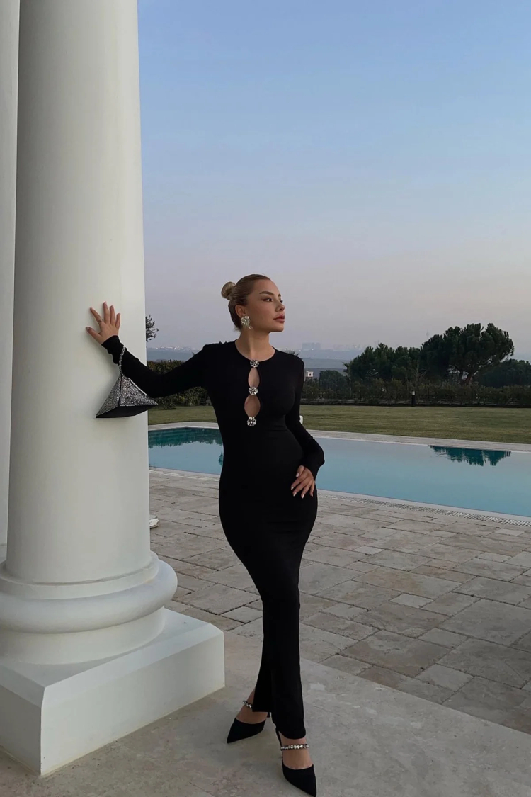Black Stone Detailed Long Dress - Brand: EYYO ATELIER - Women & Kids, Baby Clothes Wholesale - TheBS Women