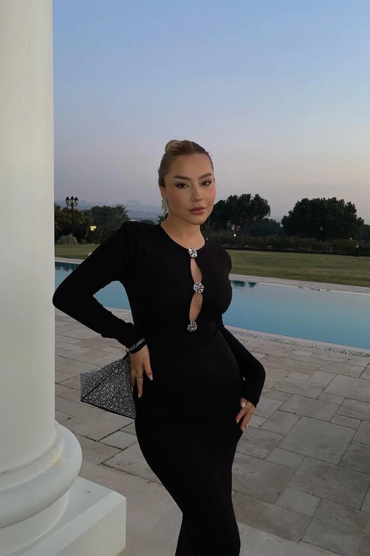 Black Stone Detailed Long Dress - Brand: EYYO ATELIER - Women & Kids, Baby Clothes Wholesale - TheBS Women