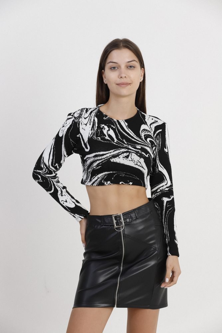 Black Marbled Crop Jacquard Blouse - Brand: Topshow - Women & Kids, Baby Clothes Wholesale - TheBS Women