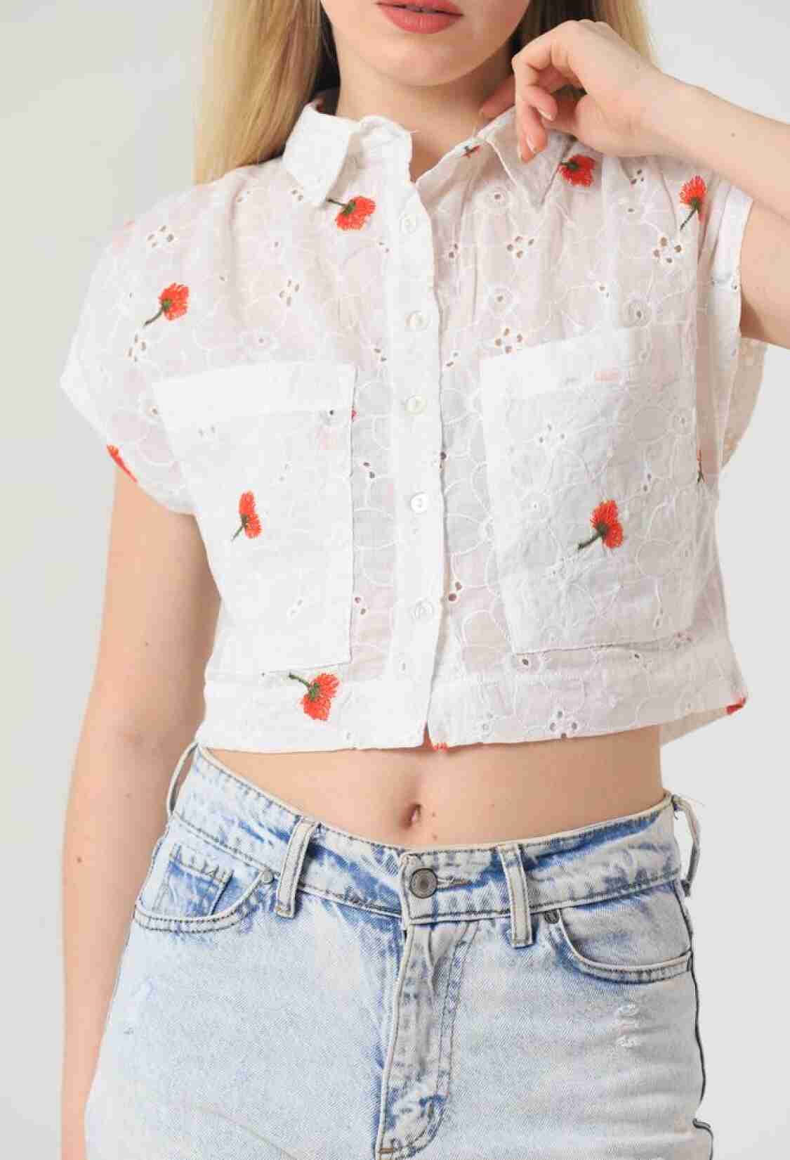 Embroidered Belly Shirt - White & Red - Brand: Topshow - Women & Kids, Baby Clothes Wholesale - TheBS Women