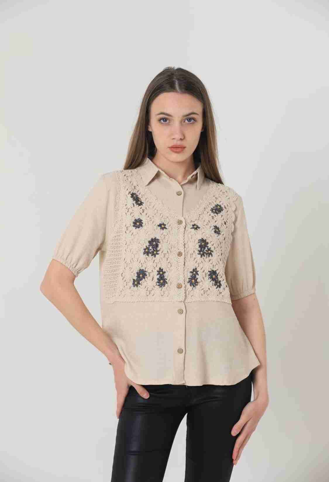 Half Sleeve Lace Detailed Shirt - Stone - Brand: Topshow - Women & Kids, Baby Clothes Wholesale - TheBS Women