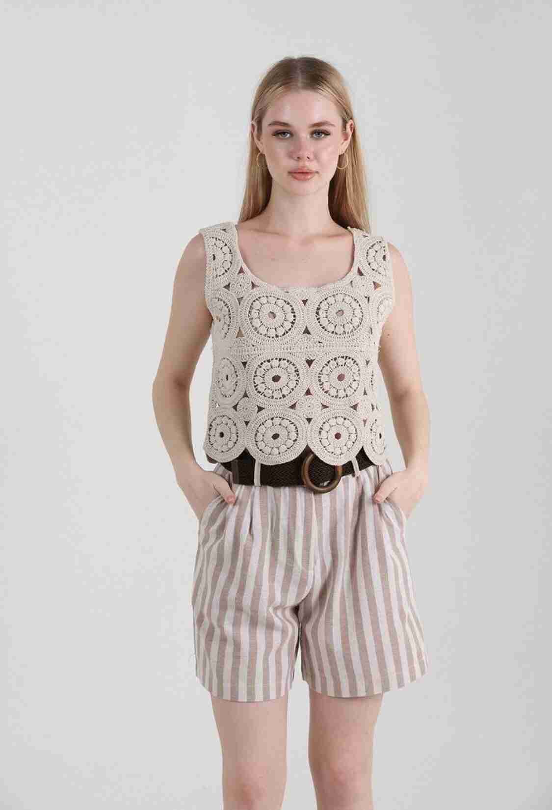 Striped Belted Linen Shorts - Brand: Topshow - Women & Kids, Baby Clothes Wholesale - TheBS Women
