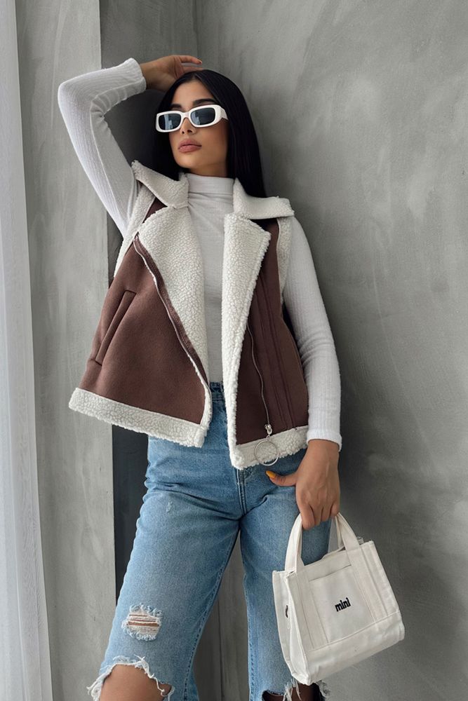 TanSuede Fur Collar Vest - Brand: Topshow - Women & Kids, Baby Clothes Wholesale - TheBS Women