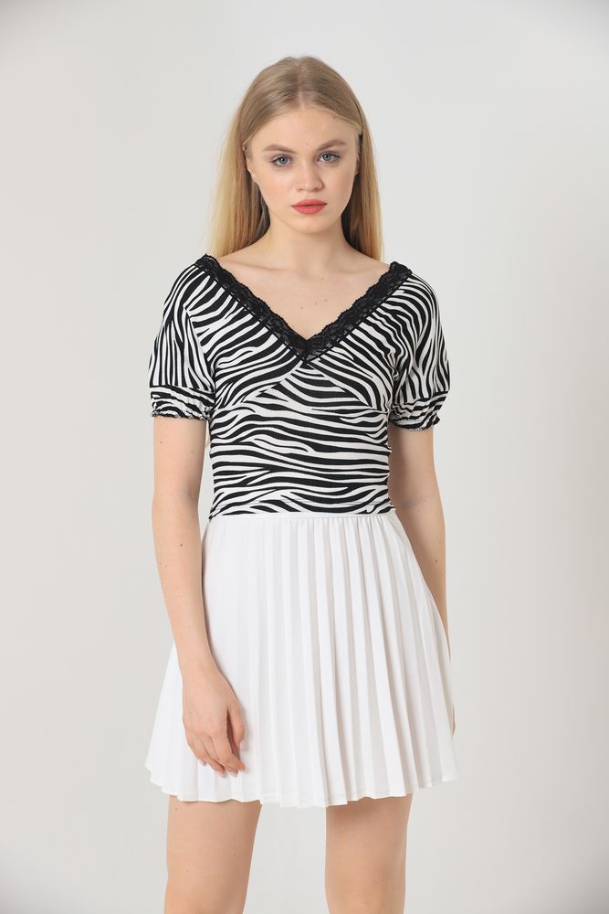 Black Zebra V-Neck Lace Blouse - Brand: Topshow - Women & Kids, Baby Clothes Wholesale - TheBS Women