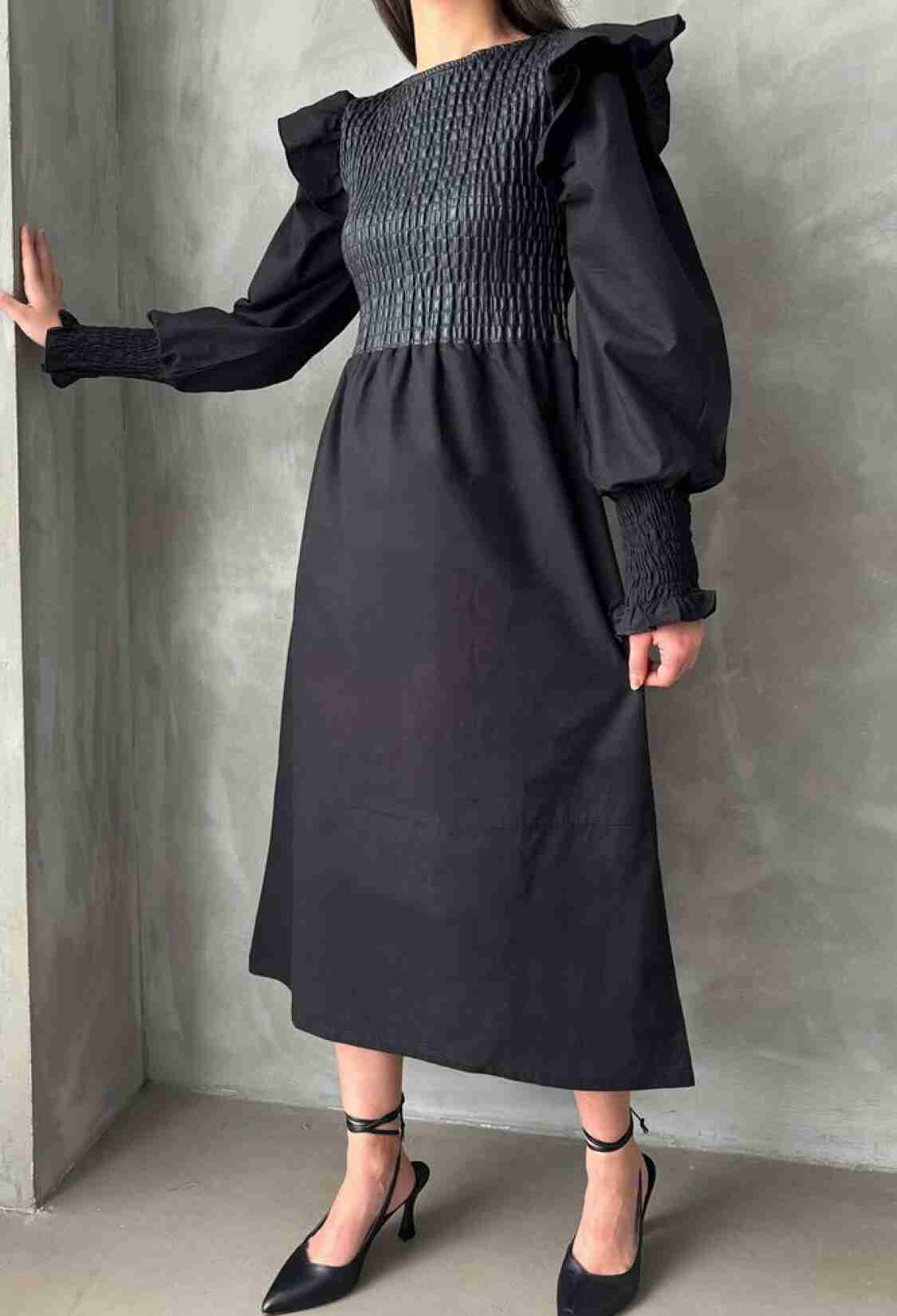 Black Size Leather Sleeve Skirt Poplin Dress - Brand: Topshow - Women & Kids, Baby Clothes Wholesale - TheBS Women
