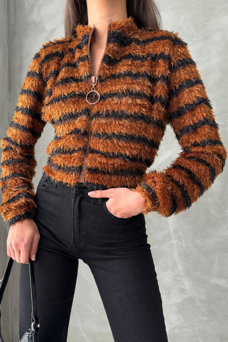 Brown Black Striped Zippered Plush Coat - Brand: Topshow - Women & Kids, Baby Clothes Wholesale - TheBS Women