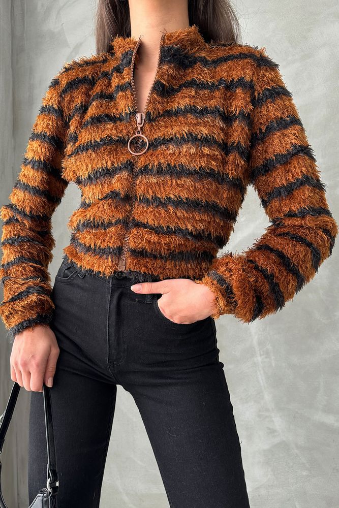 Brown Black Striped Zippered Plush Coat - Brand: Topshow - Women & Kids, Baby Clothes Wholesale - TheBS Women