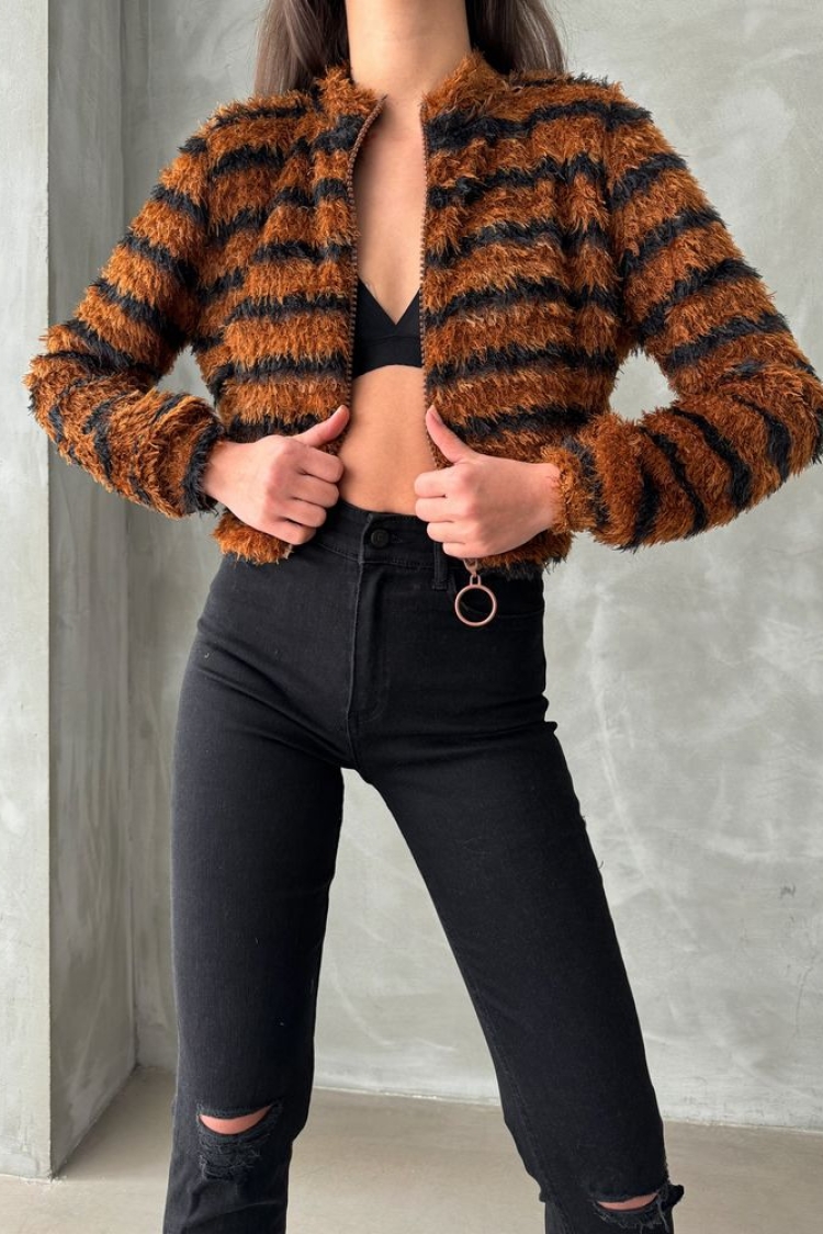 Brown Black Striped Zippered Plush Coat - Brand: Topshow - Women & Kids, Baby Clothes Wholesale - TheBS Women