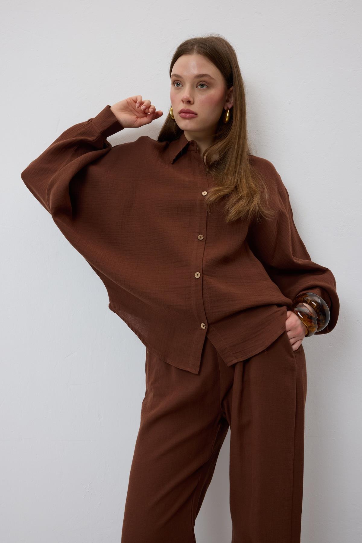 Buttoned Bat Sleeve Oversize Shirt - Brown - Brand: Levure - Women & Kids, Baby Clothes Wholesale - TheBS Women