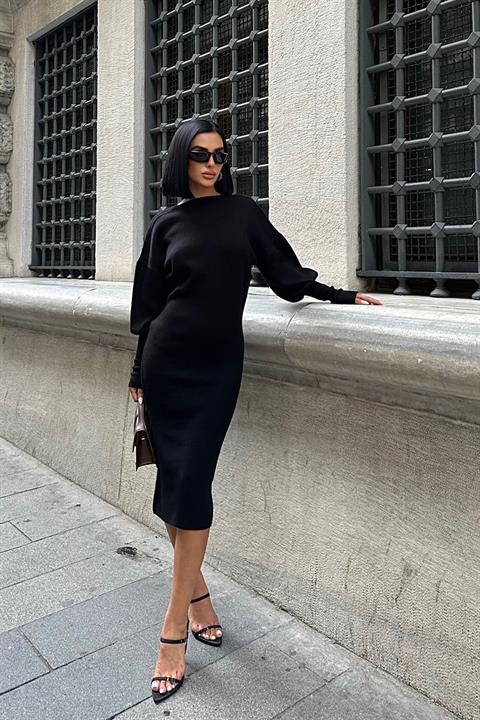 Backless Balloon Sleeve Midi Knit Dress – Black – Brand: Sobe Istanbul – Women & Kids, Baby Clothes Wholesale – TheBS Women