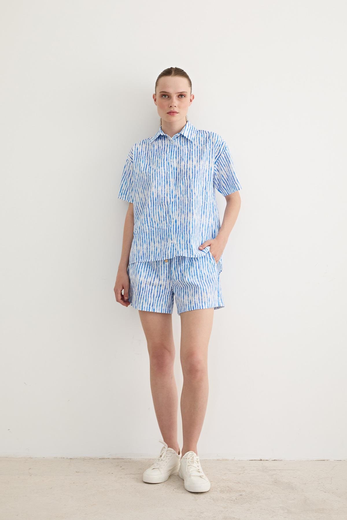 Bead Detailed Striped Short Shorts Blue - Brand: Levure - Women & Kids, Baby Clothes Wholesale - TheBS Women