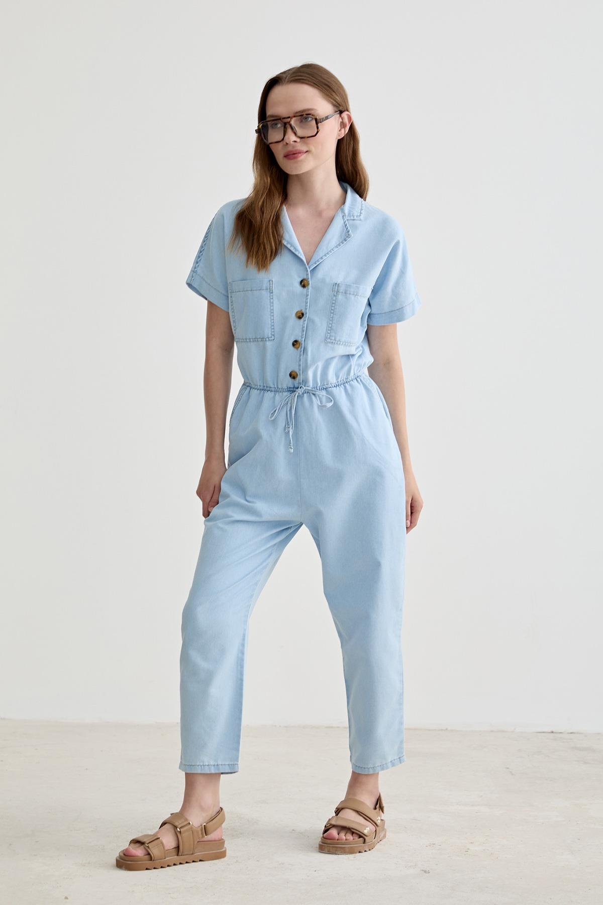 Pocket Detailed Long Jeans Jumpsuit - Blue - Brand: Levure - Women & Kids, Baby Clothes Wholesale - TheBS Women