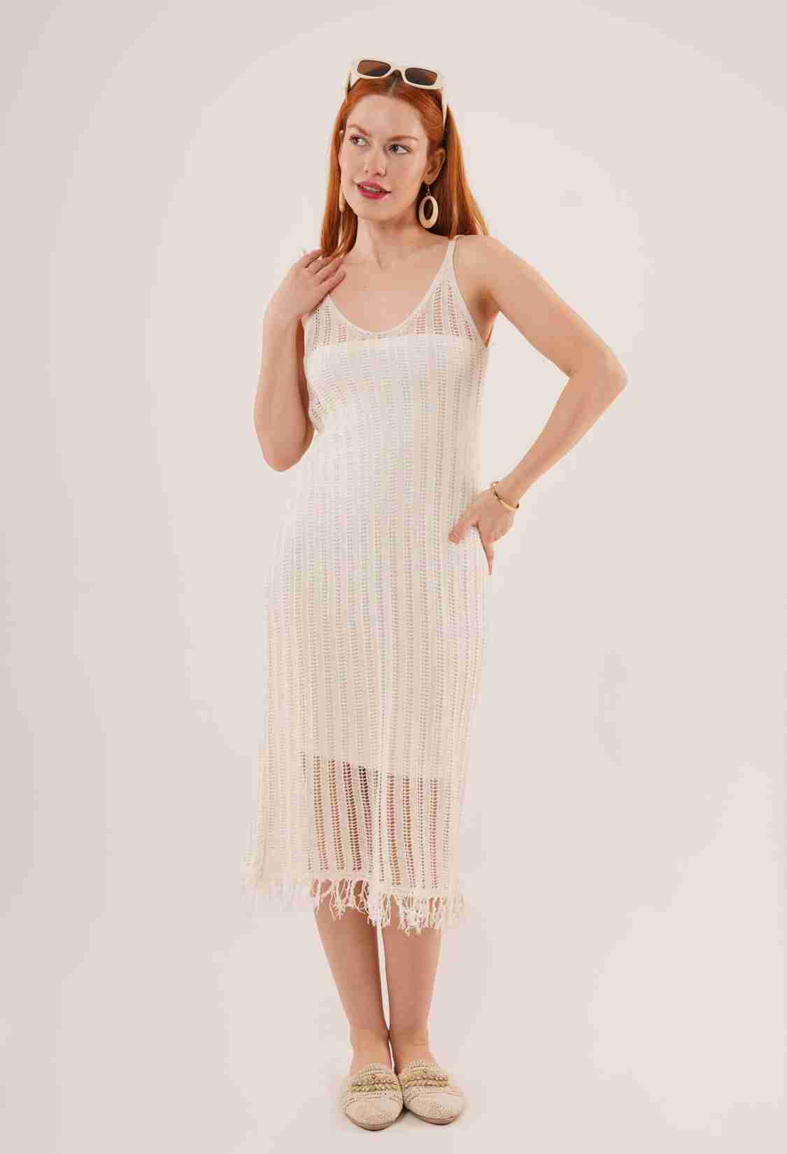 WholesaleLong Dress With Openwork Tassel Detail - Brand: Lustrin - Women & Kids, Baby Clothes Wholesale - TheBS Women