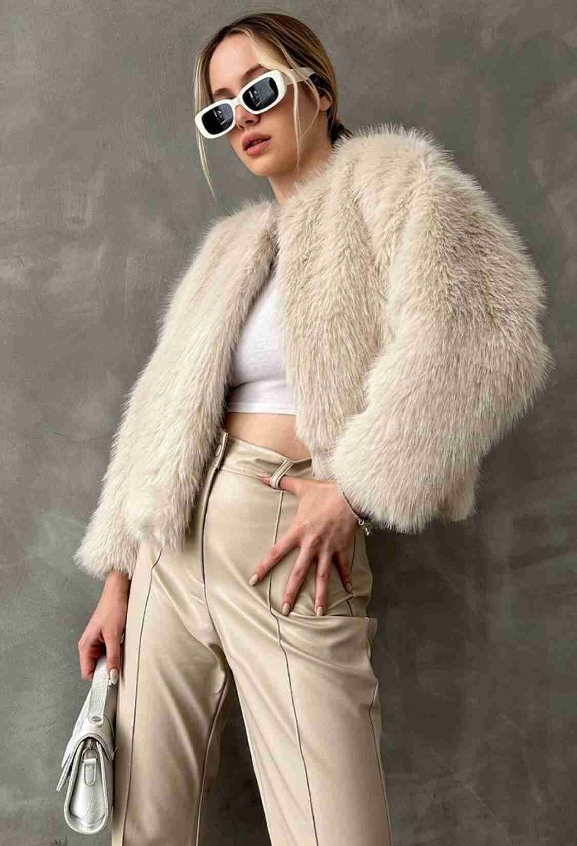 Beige Elegant Fur Jacket With Round Collar - Brand: Topshow - Women & Kids, Baby Clothes Wholesale - TheBS Women