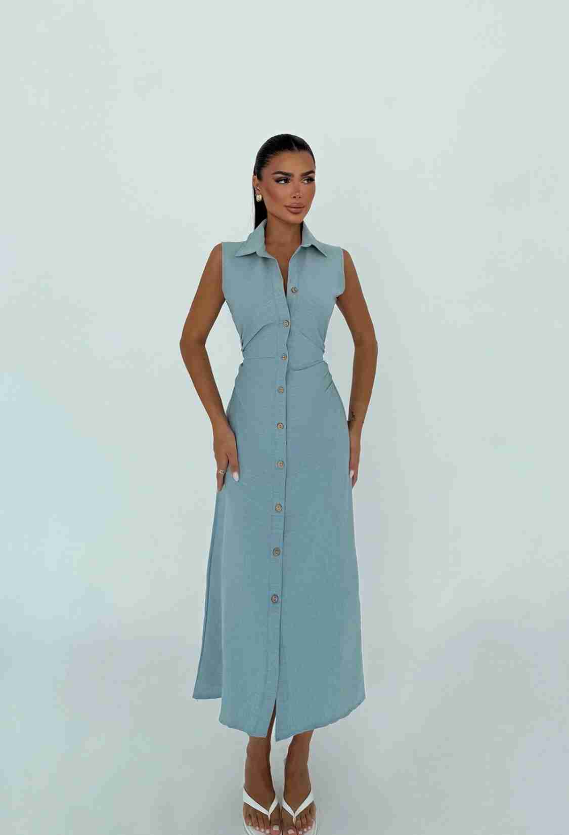 Sleeveless Maxi Shirt Dress With Notched Neck - Brand: EYYO ATELIER - Women & Kids, Baby Clothes Wholesale - TheBS Women