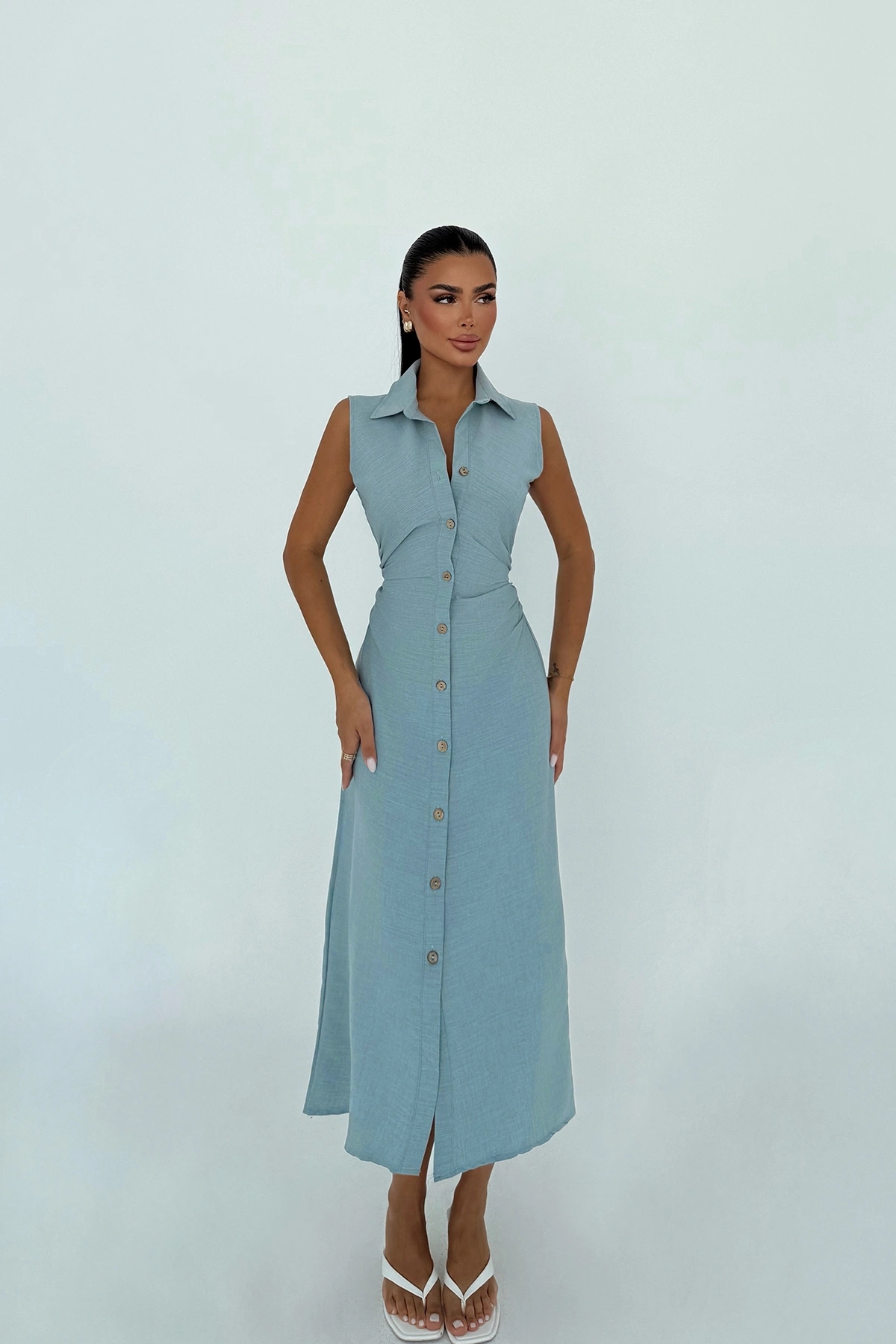 Sleeveless Maxi Shirt Dress With Notched Neck - Brand: EYYO ATELIER - Women & Kids, Baby Clothes Wholesale - TheBS Women
