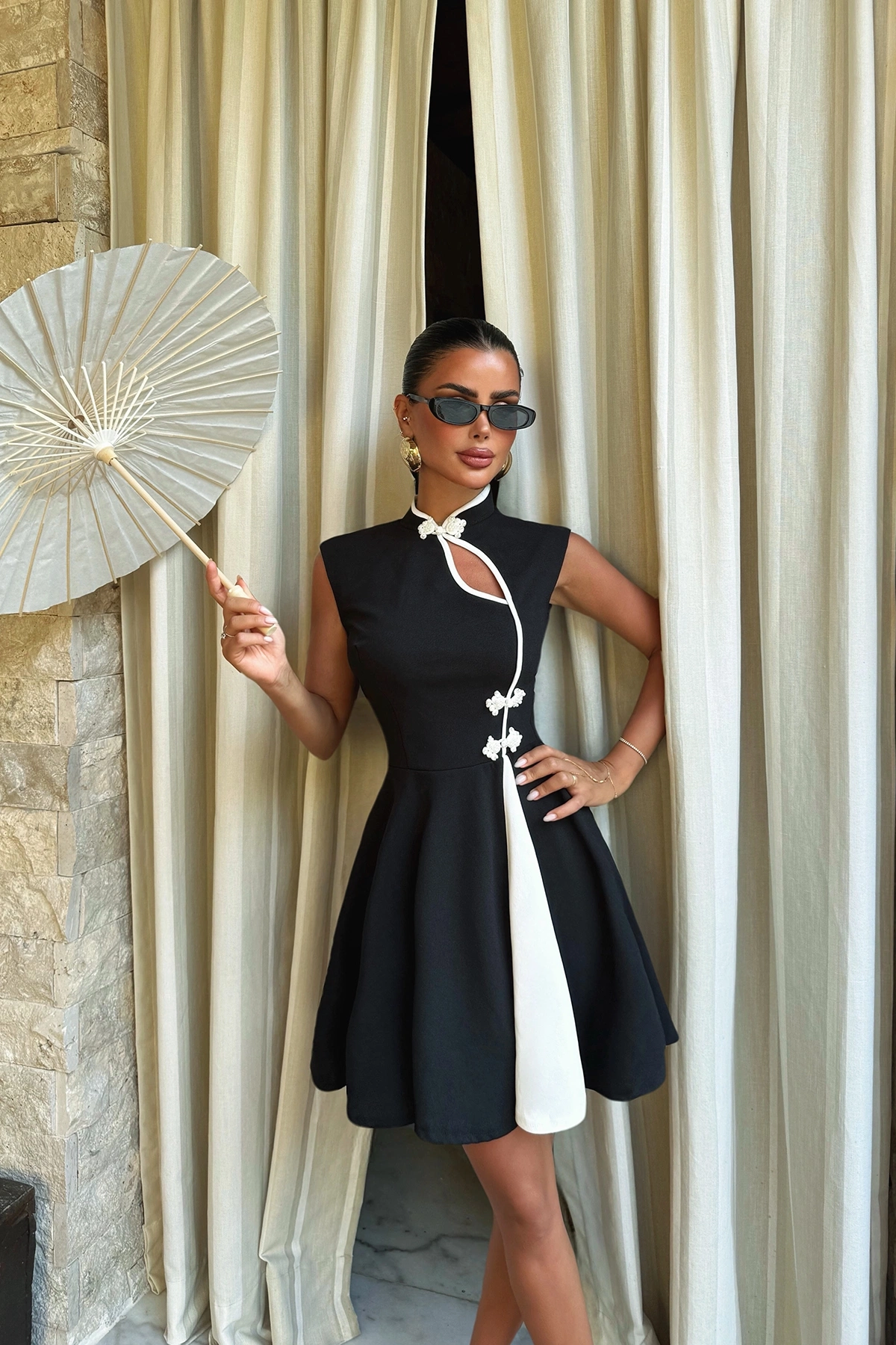 Black Elegant A-Line Mini Dress With High Neck - Brand: EYYO ATELIER - Women & Kids, Baby Clothes Wholesale - TheBS Women