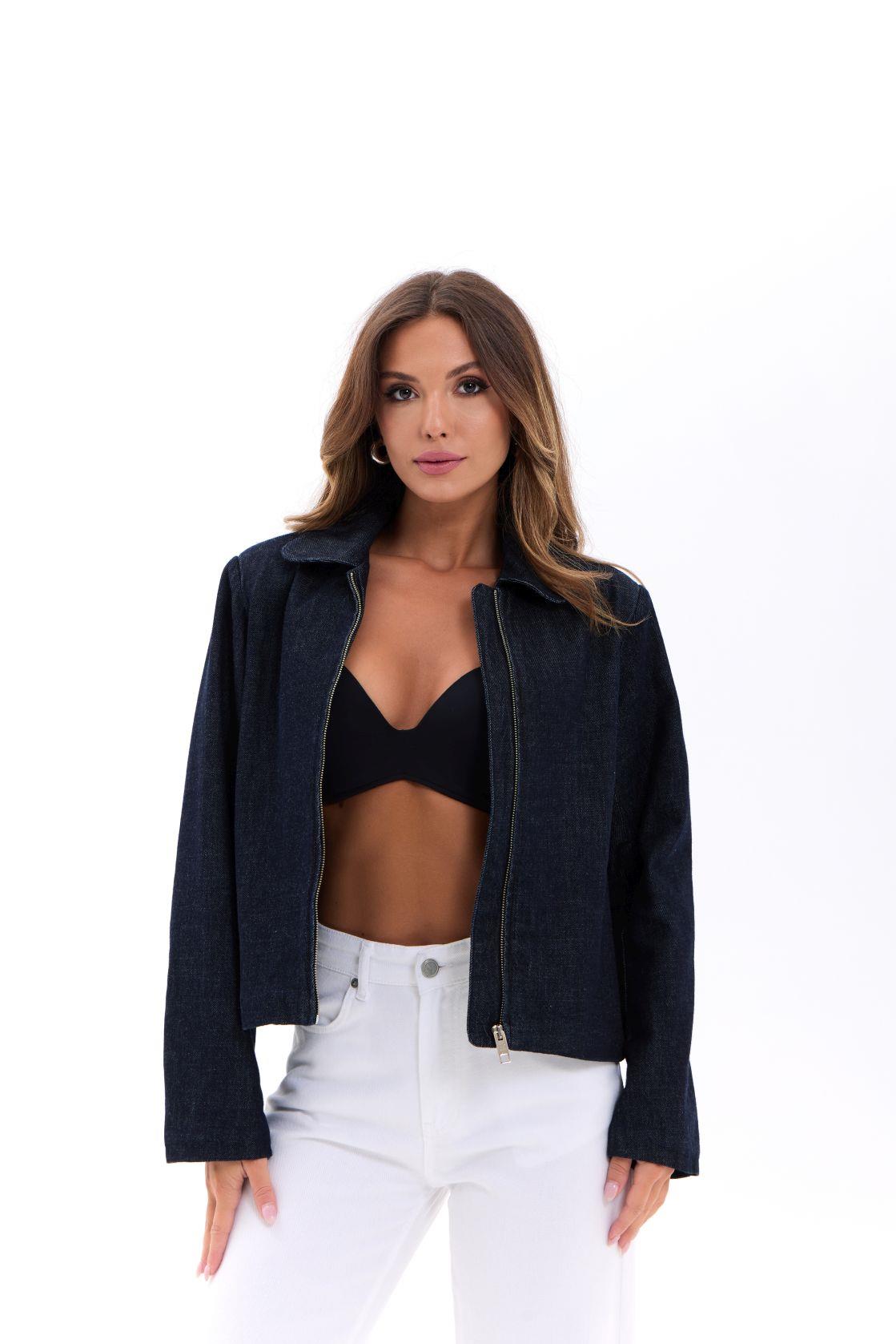 Navy Blue Denim Jacket Casual Zip Up Overshirt - Brand: Fame - Women & Kids, Baby Clothes Wholesale - TheBS Women