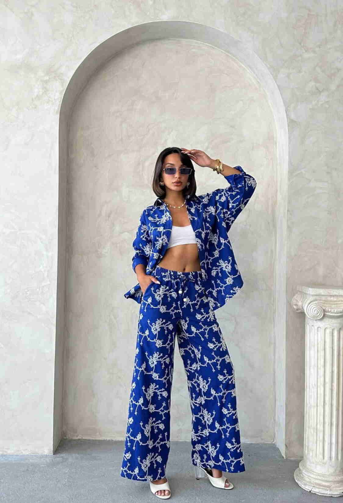 Blue Floral Palazzo Set With Slant Pocket - Brand: Topshow - Women & Kids, Baby Clothes Wholesale - TheBS Women