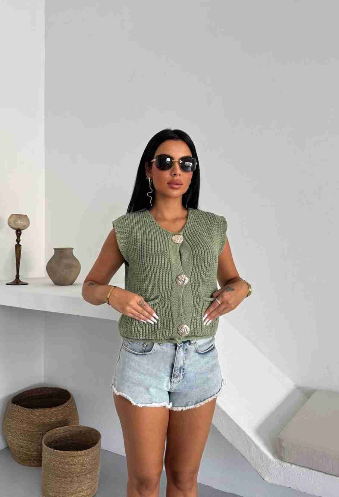 Green Cardigan With Buttoned Closure And Flap Pocket - Brand: My Jest Fashion - Women & Kids, Baby Clothes Wholesale - TheBS Women