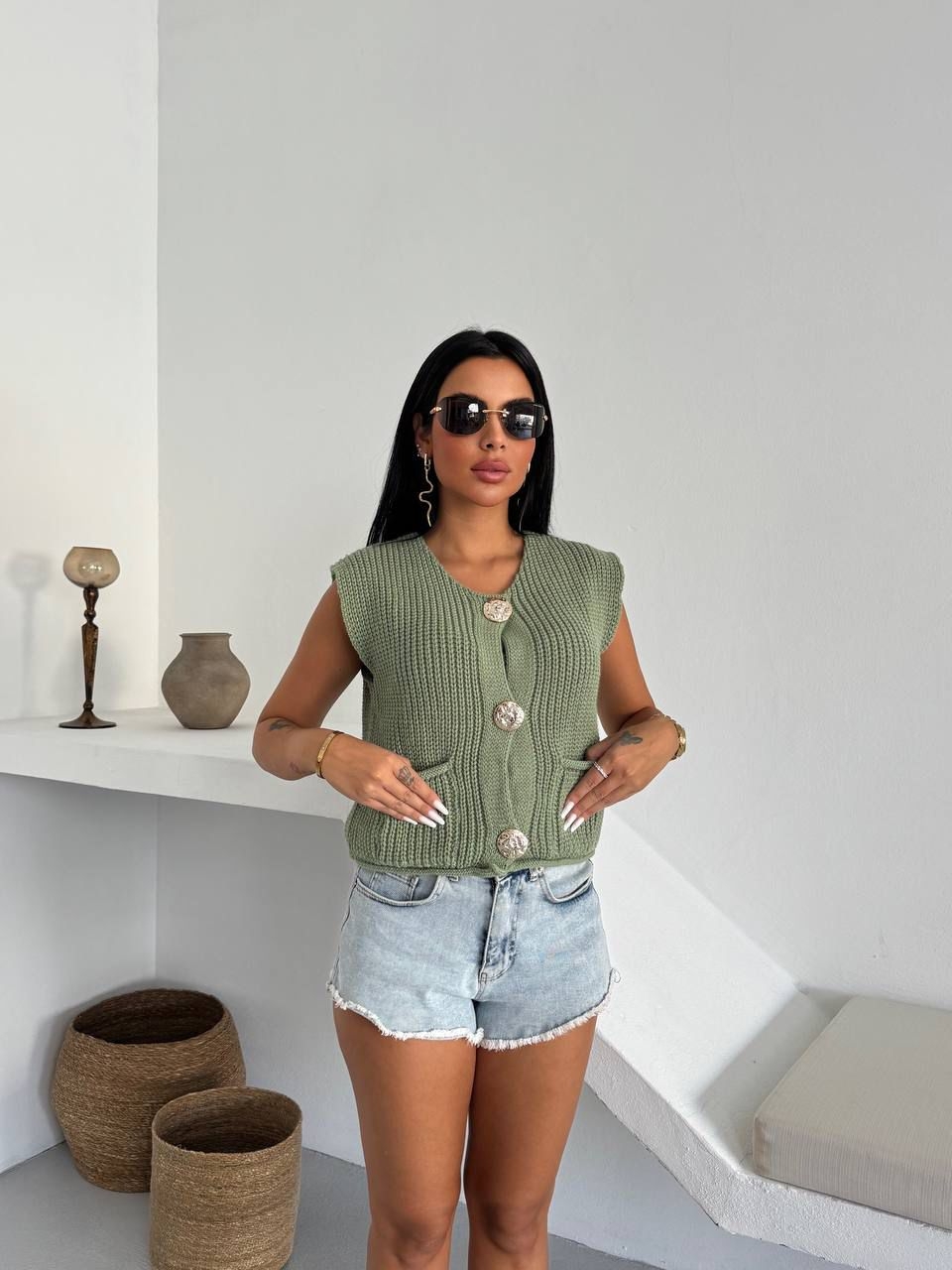 Green Cardigan With Buttoned Closure And Flap Pocket - Brand: My Jest Fashion - Women & Kids, Baby Clothes Wholesale - TheBS Women