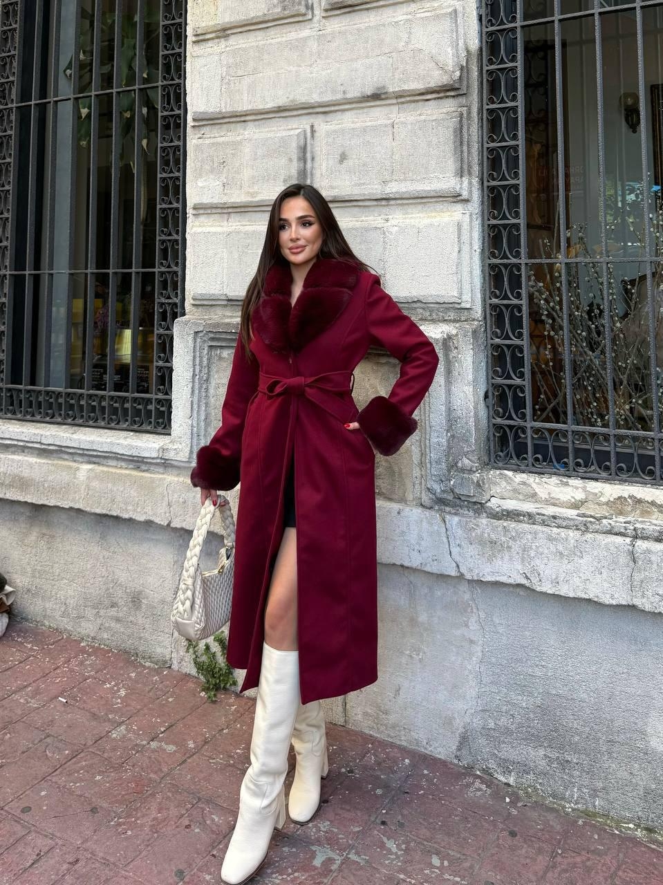 Claret Red Elegant Slim Fit Fur Wrapover Coat – Brand: My Jest Fashion – Women & Kids, Baby Clothes Wholesale – TheBS Women