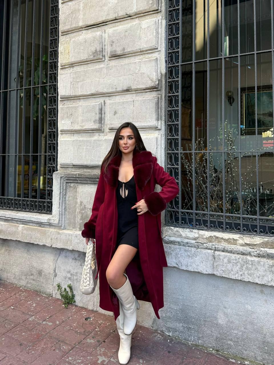 Claret Red Elegant Slim Fit Fur Wrapover Coat – Brand: My Jest Fashion – Women & Kids, Baby Clothes Wholesale – TheBS Women