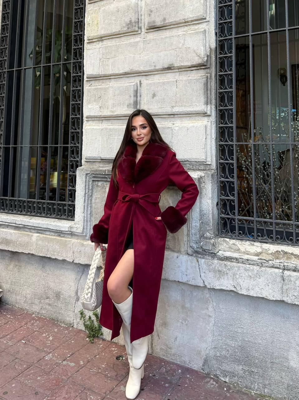 Claret Red Elegant Slim Fit Fur Wrapover Coat – Brand: My Jest Fashion – Women & Kids, Baby Clothes Wholesale – TheBS Women