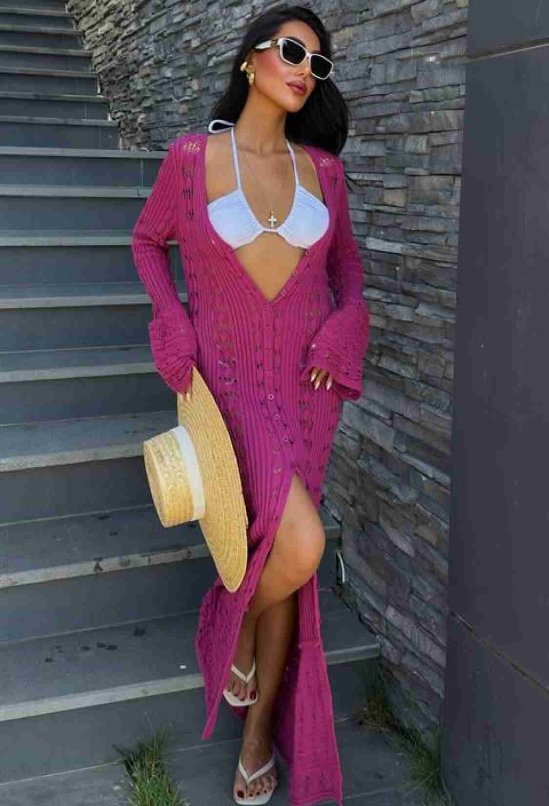 Openwork Long Buttoned Knitwear Cardigan - Purple - Brand: Sobe Istanbul - Women & Kids, Baby Clothes Wholesale - TheBS Women