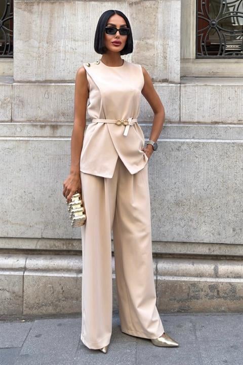 Beige Elegant Formal Set With Wide Leg Palazzo Pants – Brand: Sobe Istanbul – Women & Kids, Baby Clothes Wholesale – TheBS Women