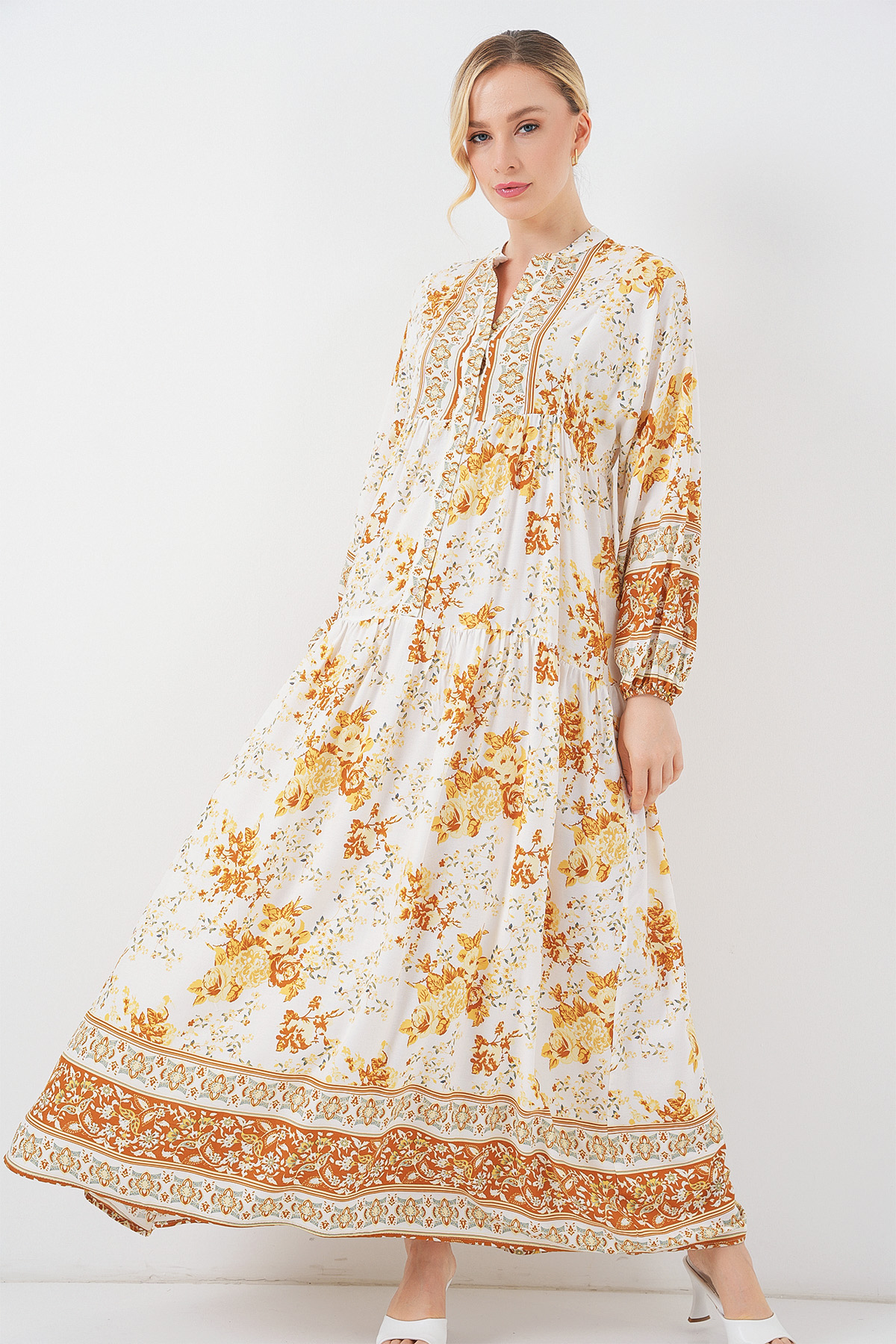 White Ethnic Smock Dress With Floral V-Neck - Brand: Bigdart - Women & Kids, Baby Clothes Wholesale - TheBS Women