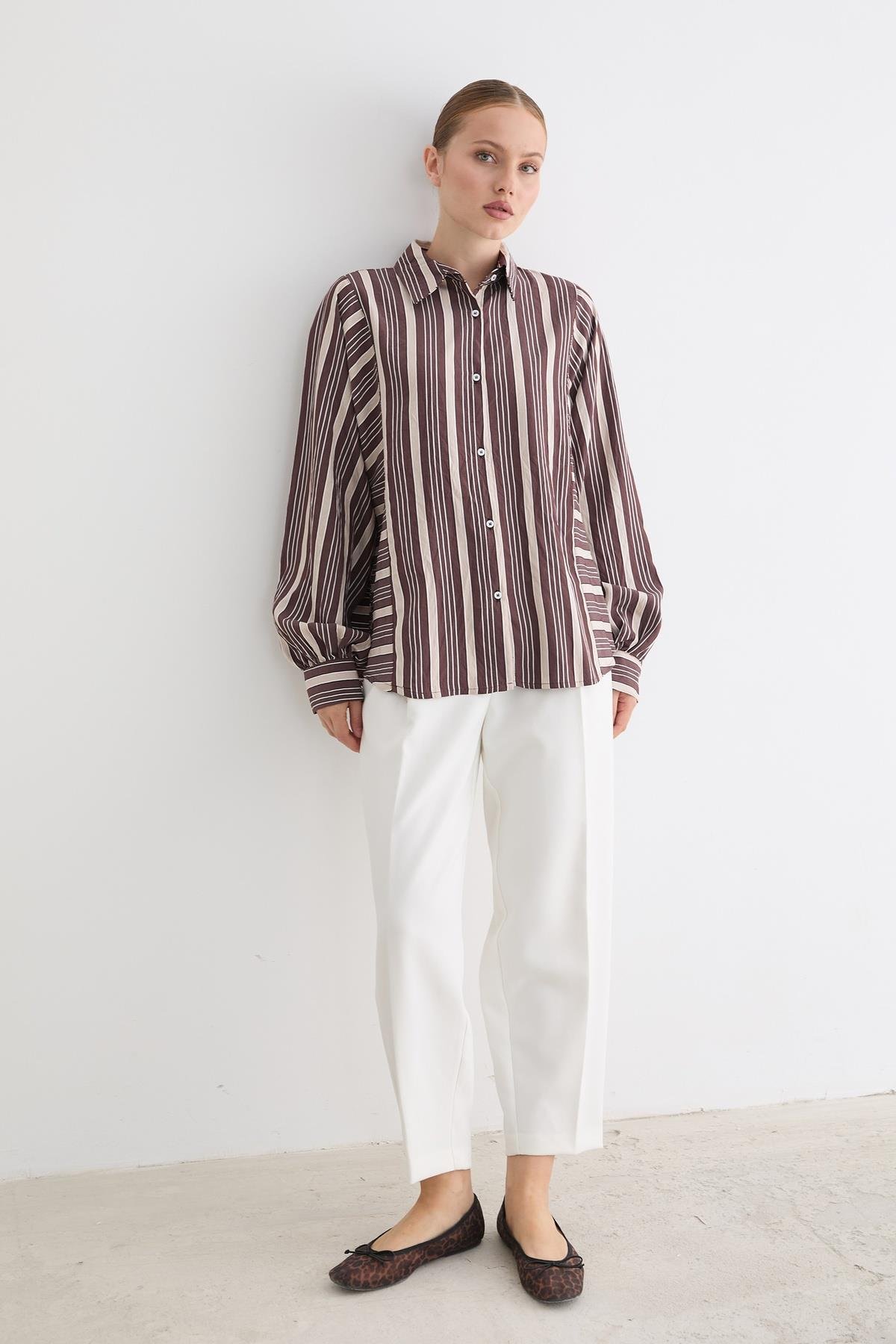 Striped Oversized Fit Shirt With Ballon Sleeves - Brand: Levure - Women & Kids, Baby Clothes Wholesale - TheBS Women