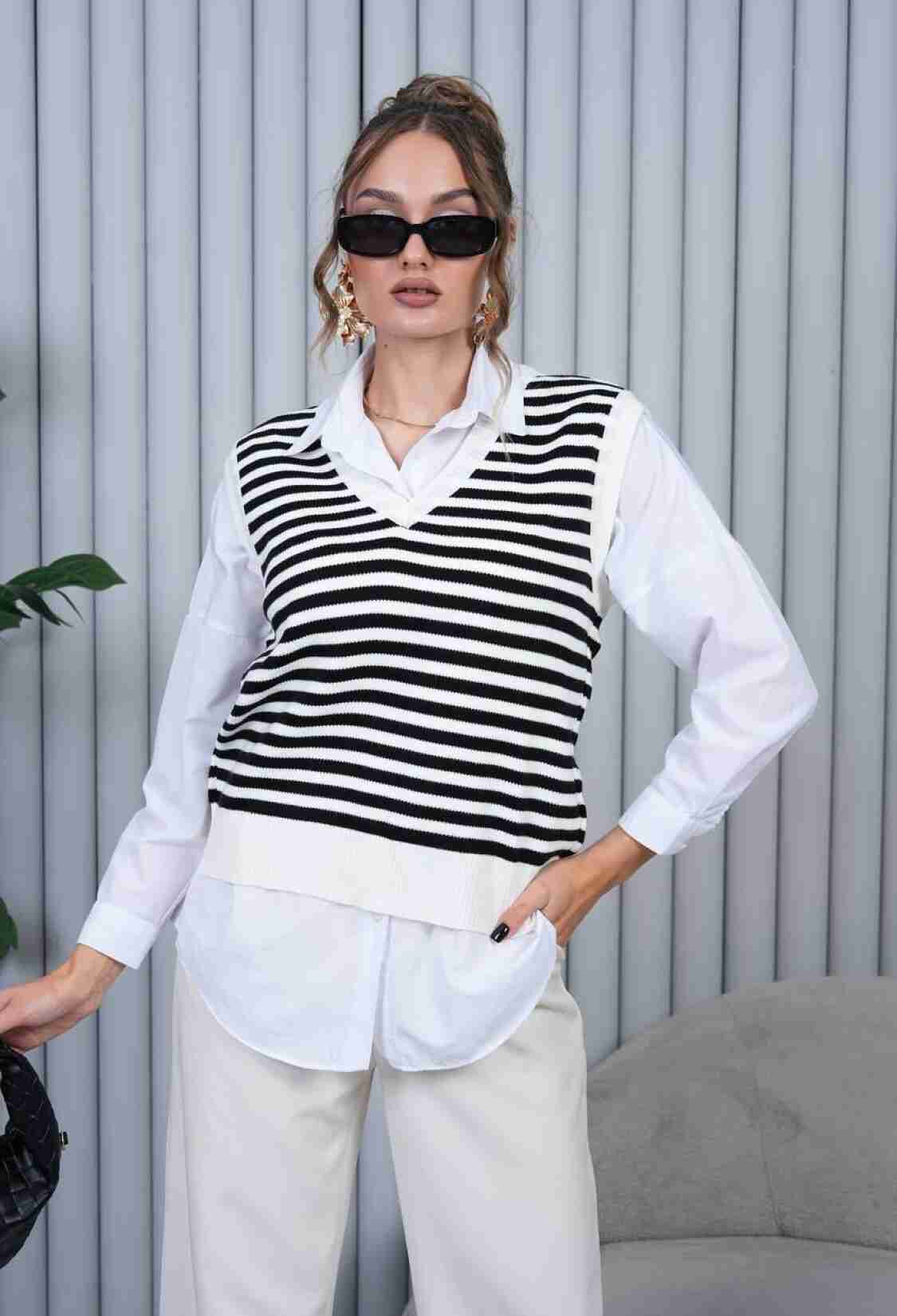 Sleeveless Striped V-Neck Sweater - Brand: My Jest Fashion - Women & Kids, Baby Clothes Wholesale - TheBS Women