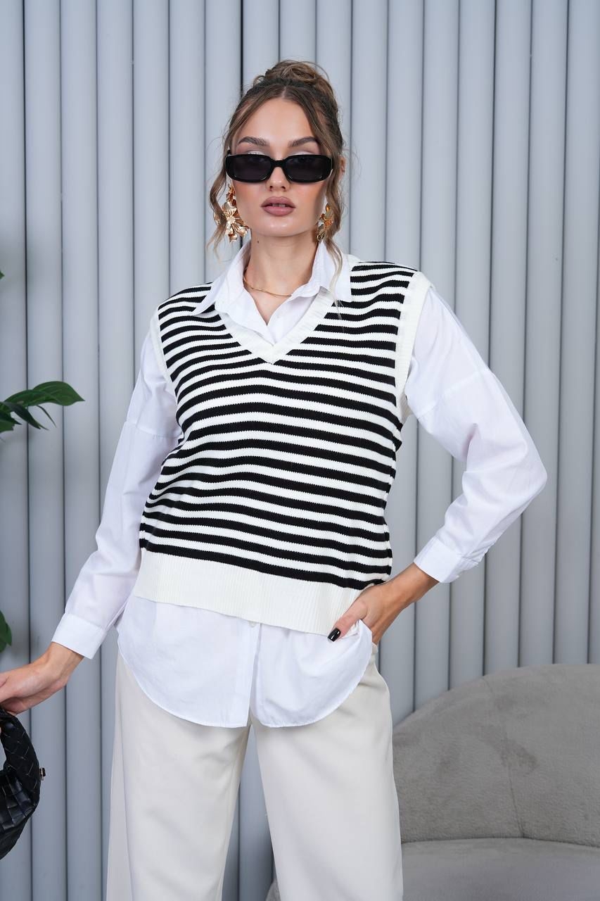 Sleeveless Striped V-Neck Sweater - Brand: My Jest Fashion - Women & Kids, Baby Clothes Wholesale - TheBS Women