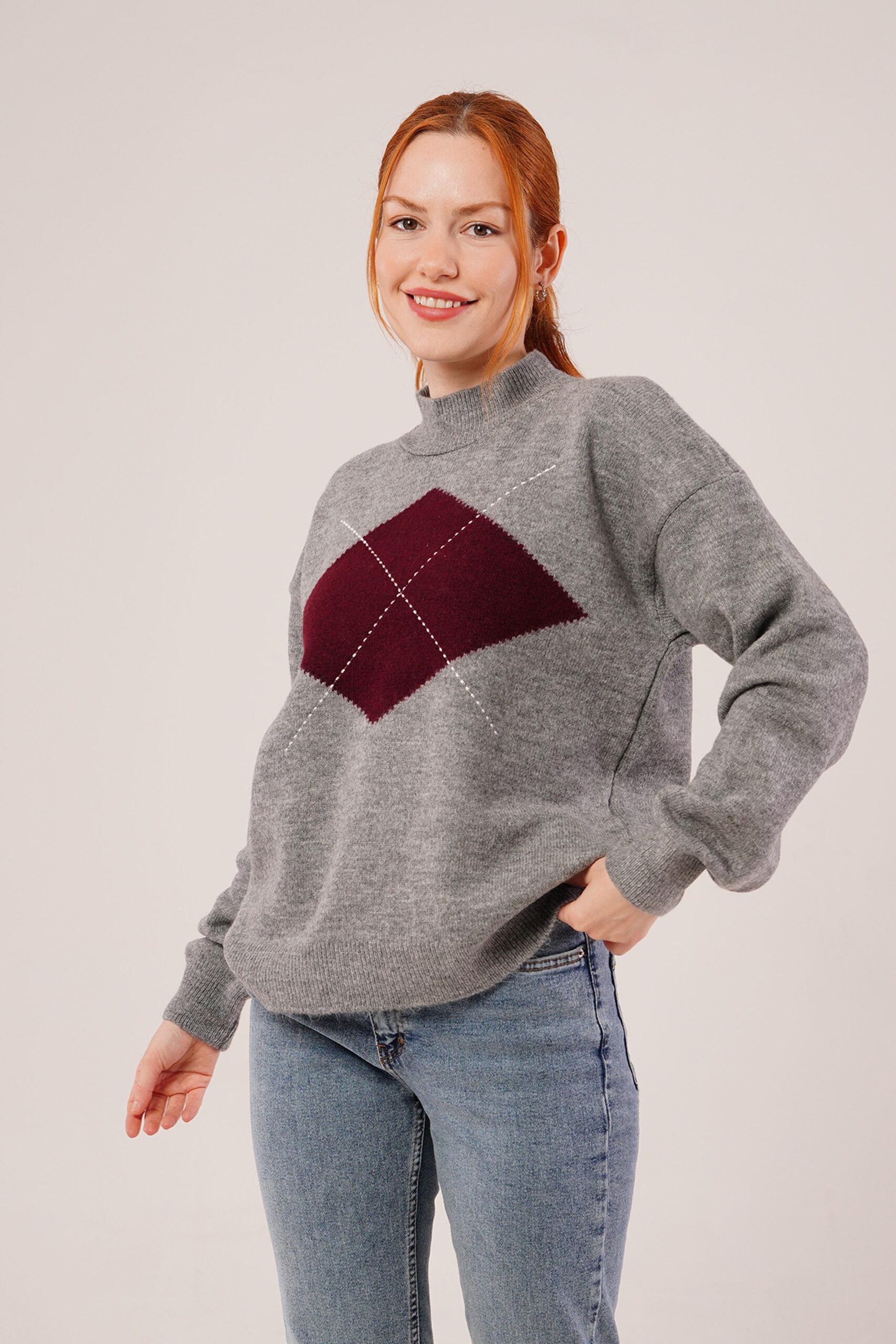 Argyle Oversized Fit Sweater With High Neck - Brand: Lustrin - Women & Kids, Baby Clothes Wholesale - TheBS Women