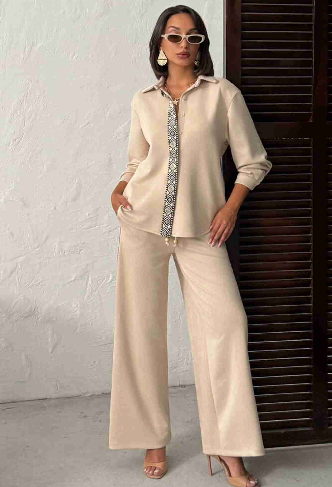 Beige Palazzo Pants With Drawstring And Slant Pockets - Brand: Topshow - Women & Kids, Baby Clothes Wholesale - TheBS Women