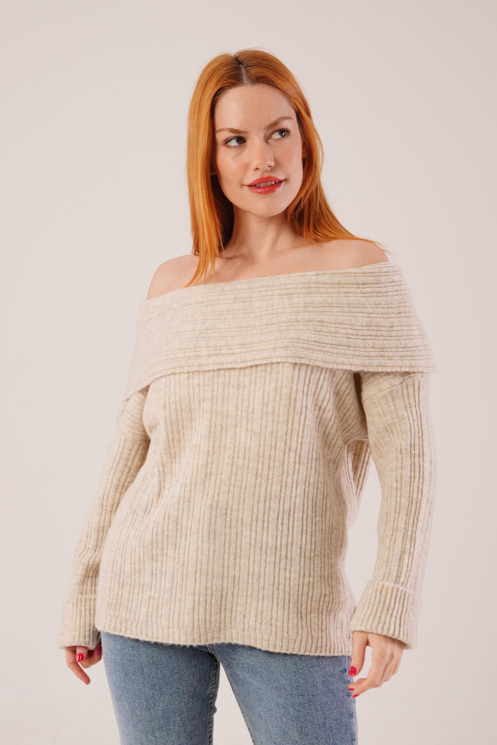 Beige Striped Casual Elegant Sexy Sweater - Brand: Lustrin - Women & Kids, Baby Clothes Wholesale - TheBS Women