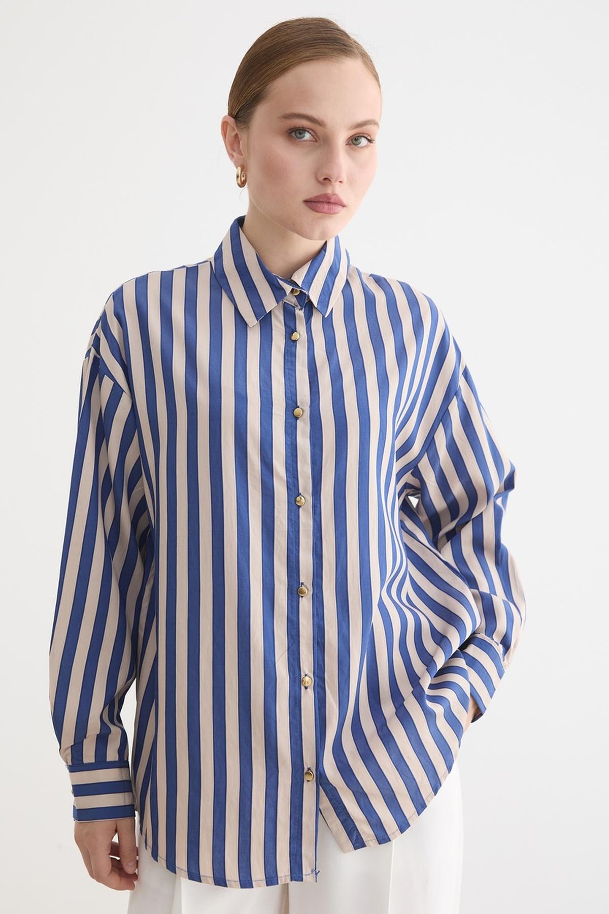 Blue Striped Oversized Fit Shirt With Notched Neck - Brand: Levure - Women & Kids, Baby Clothes Wholesale - TheBS Women