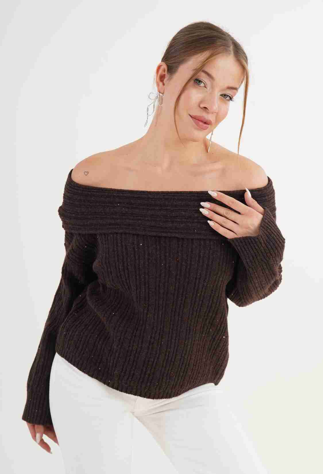 Sweater With Off Shoulder Neck - Regular Fit - Brand: Lustrin - Women & Kids, Baby Clothes Wholesale - TheBS Women