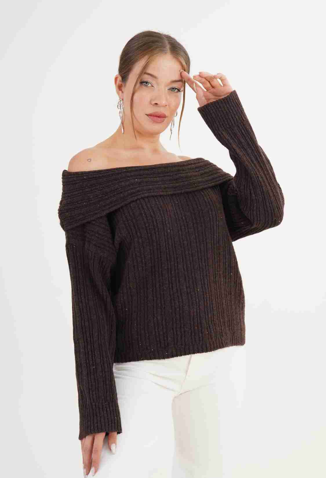 Sweater With Off Shoulder Neck - Regular Fit - Brand: Lustrin - Women & Kids, Baby Clothes Wholesale - TheBS Women